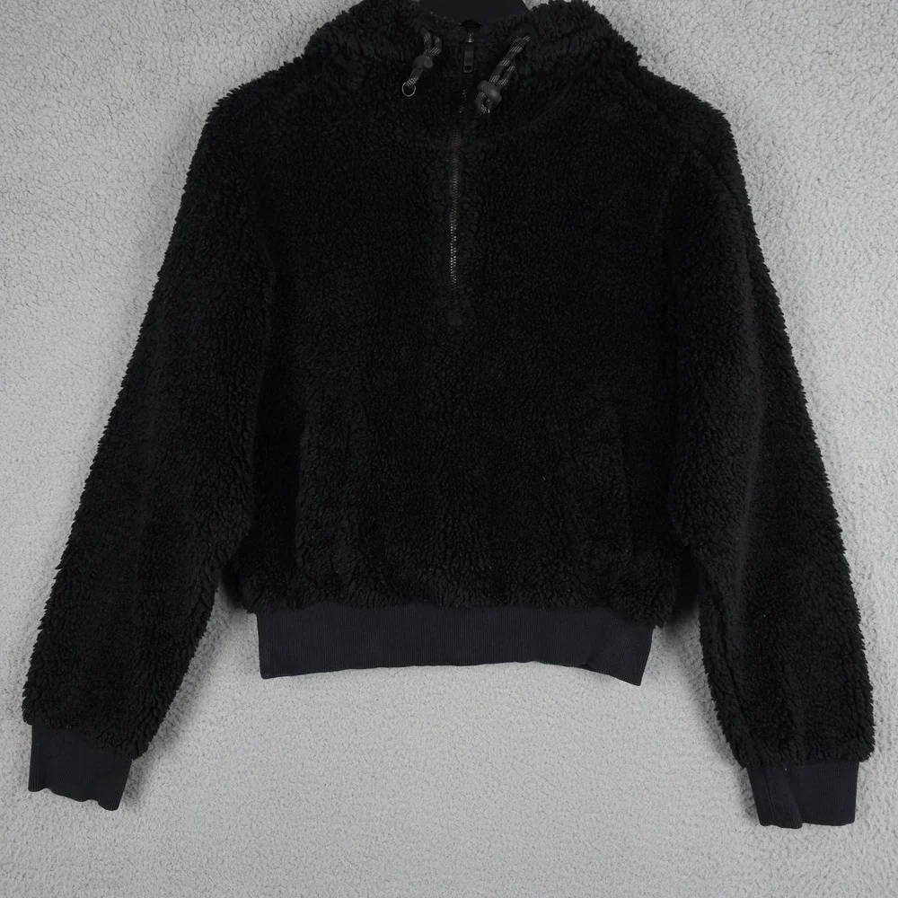 Lululemon Jacket Women 4 Black Textured Fleece 1/2 Zip Hoodie Sherpa Hooded FLAW